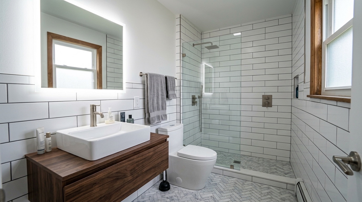 Fully renovated modern bathroom with subway tile, floating vanity, LED mirror, and walk-in shower