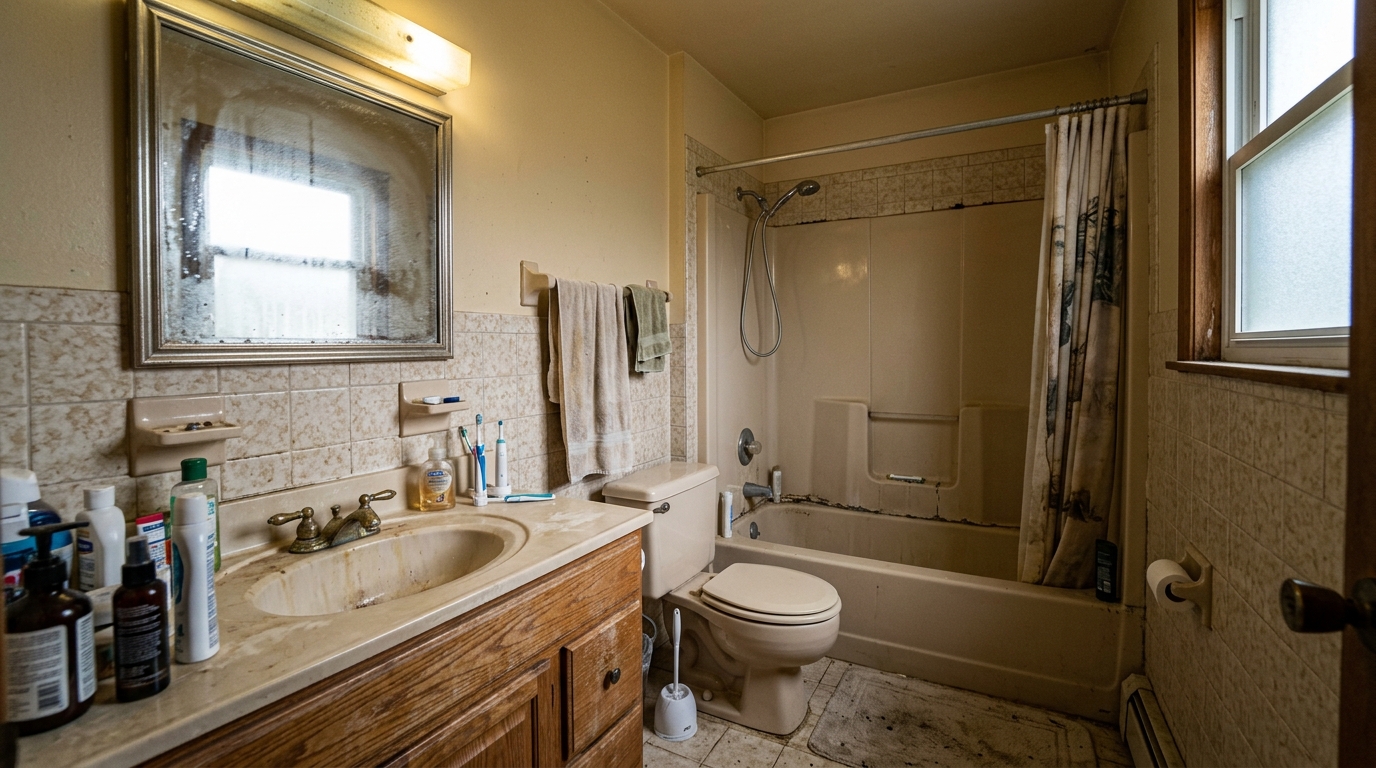 Outdated residential bathroom with worn vanity, aged fixtures, and dated tile before renovation