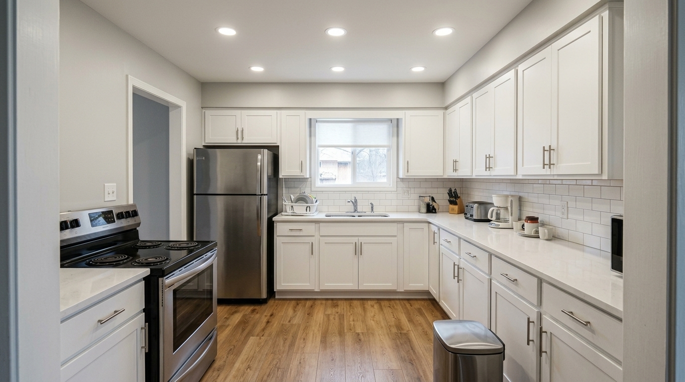 Renovated open kitchen with white shaker cabinets, quartz countertops, stainless appliances, and hardwood flooring