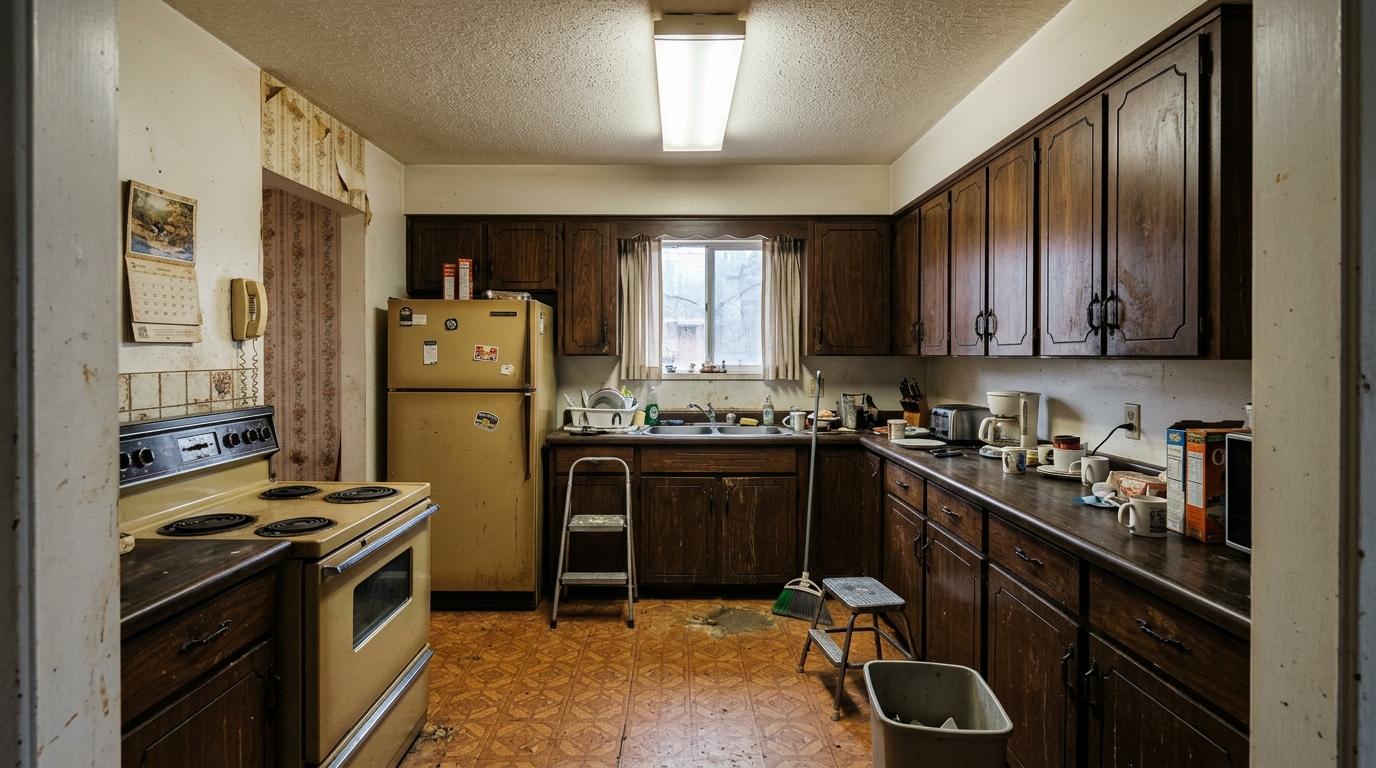 Dated kitchen with worn oak cabinets, old laminate countertops, and aging appliances before remodel